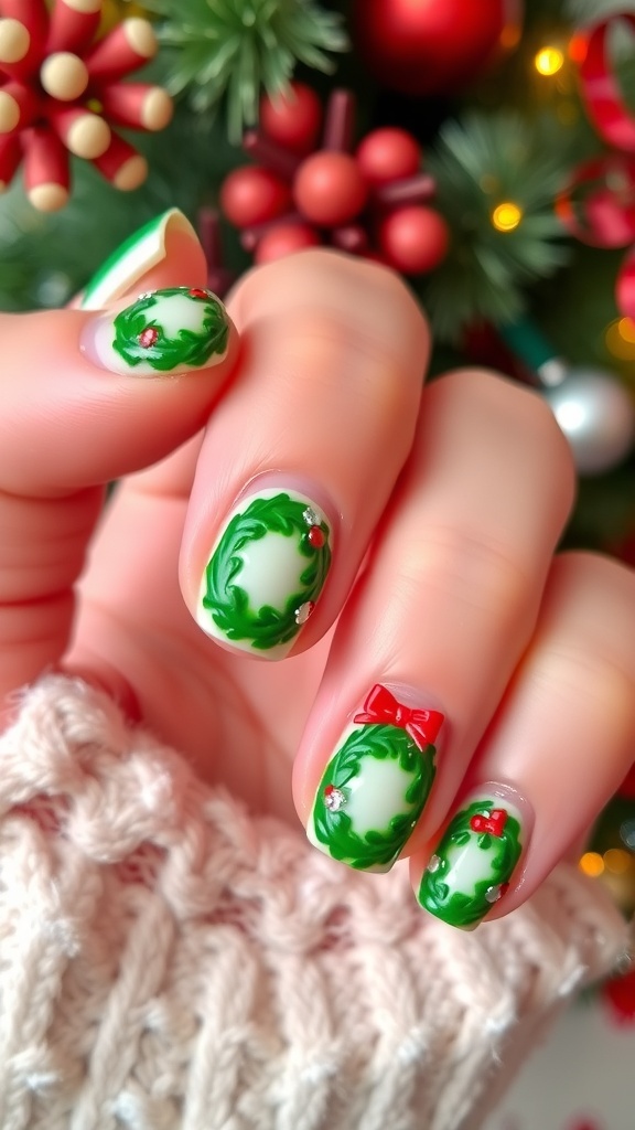 Close-up of green Christmas nail art with wreath design and embellishments.